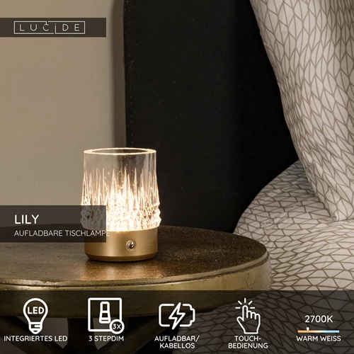 Lucide LILY - wiederaufladbare Tischlampe - Akku/Batterie - Ø 8 cm - LED 3 StepDim - 1x3W 2700K/3000K - Mattes Gold / Messing - Set von 3 - USP